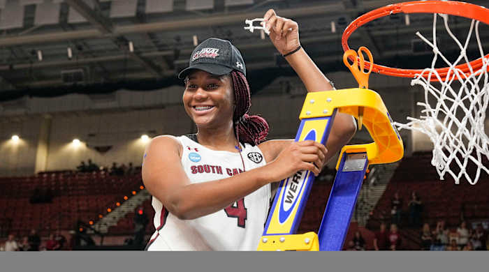 South Carolina forward Aliyah Boston celebrates the Gamecocks’ win over Maryland at the NCAA Women’s Tournament.